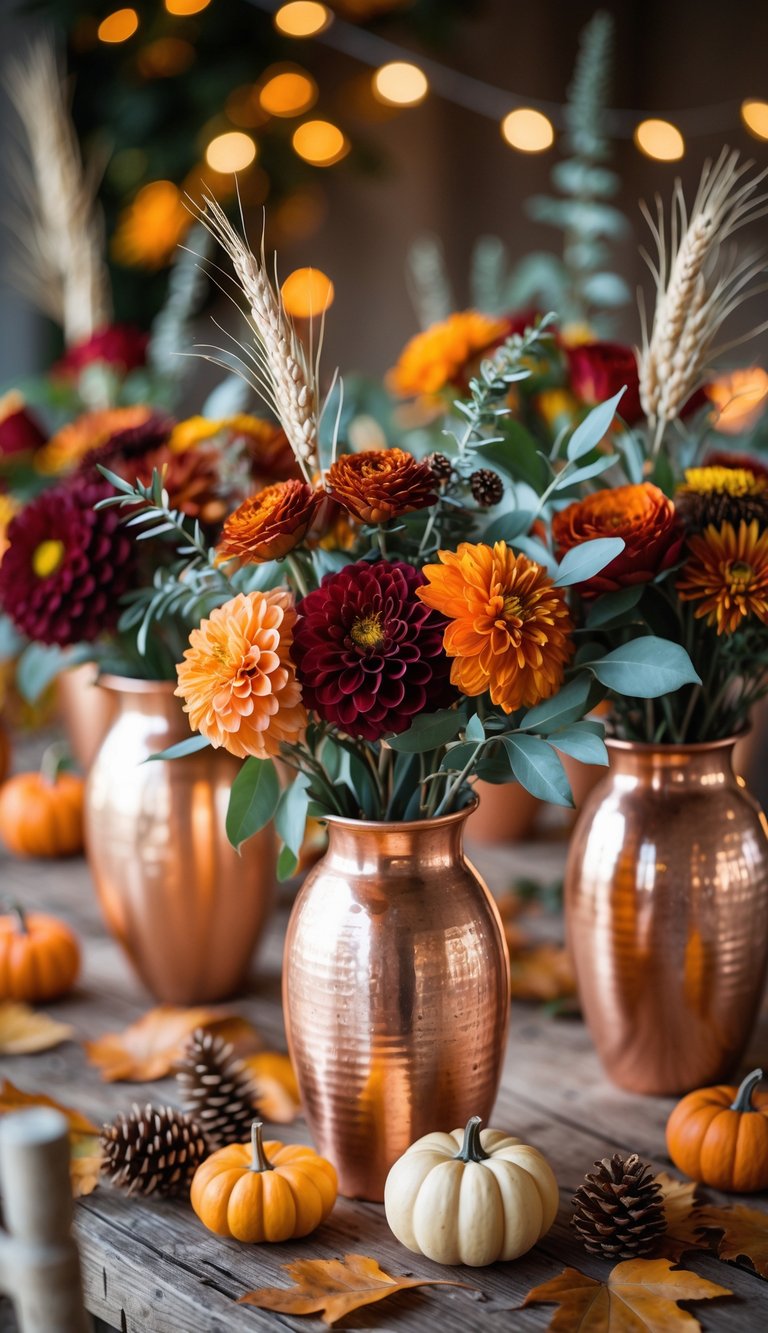 Copper vases filled with autumn flowers arranged on a wooden table with fall leaves and small pumpkins.